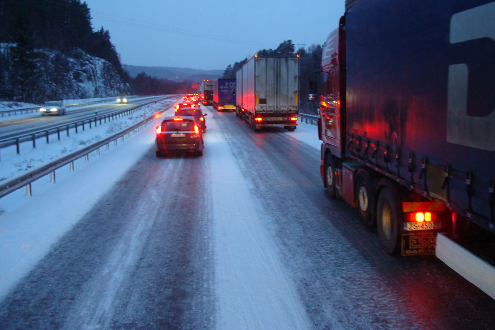 Swedish motorway traffic jam in freezing conditions