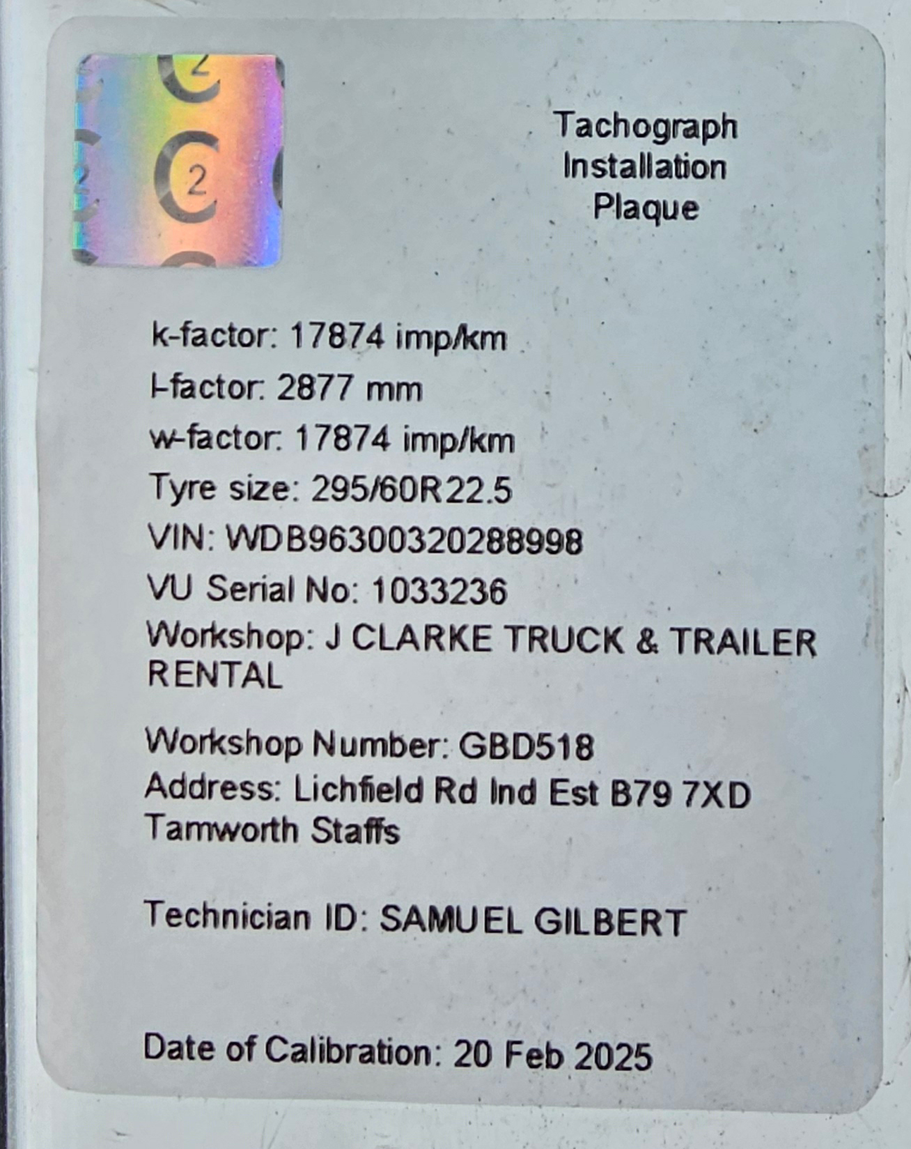 Tachograph Installation Plaque